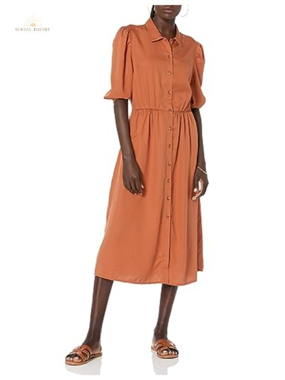 Puff Sleeve Open Back Midi Shirt Dress Washed Tencel Lyocell